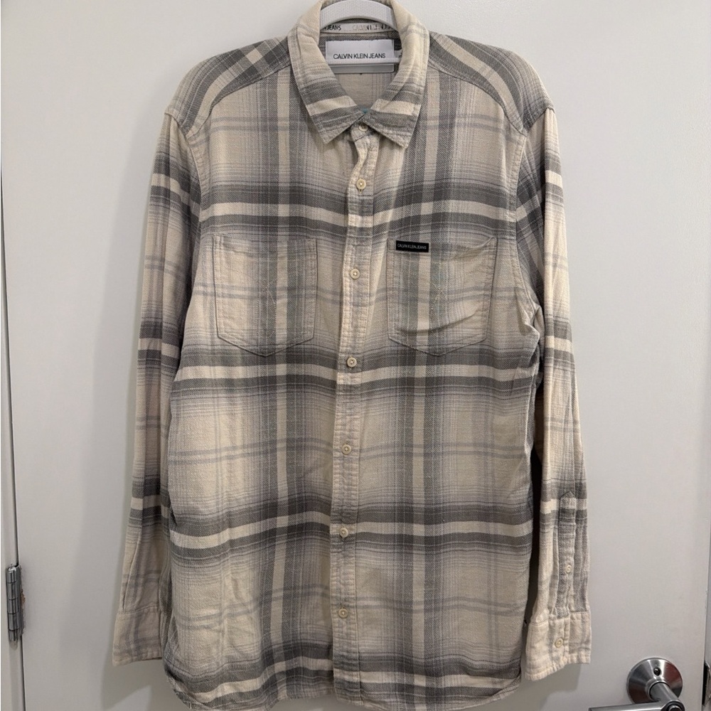 Calvin Klein Men's Cream and Gray Plaid Shirt